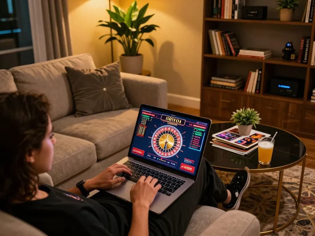 Engaging in a thrilling game at 789f online casino on a stylish laptop while enjoying a cozy atmosphere