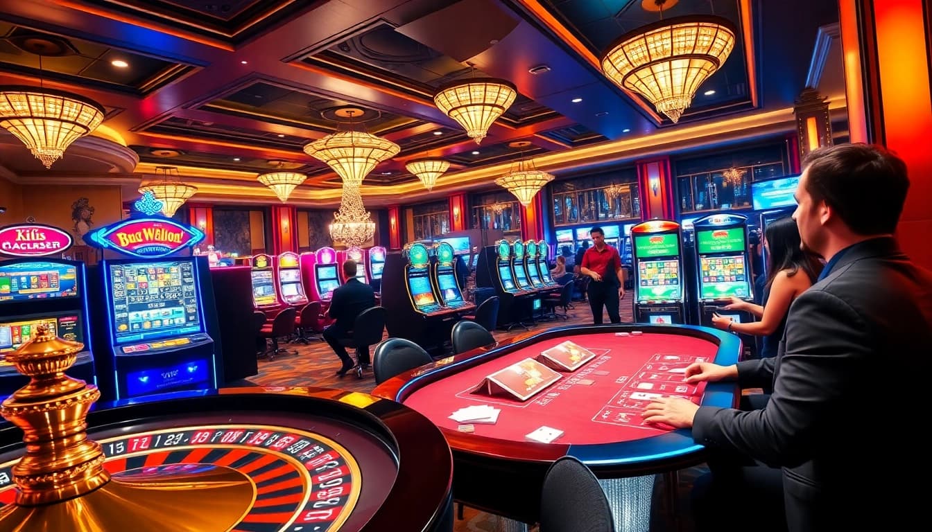 Players winning at a vibrant casino scene showcasing various games at XX88.