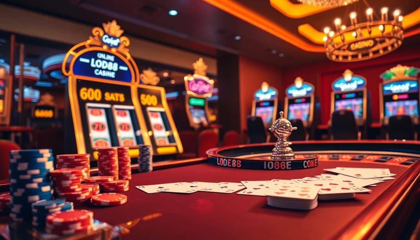 Experience thrilling gameplay at nhà cái lode88 with vibrant casino elements like poker chips, roulette wheels, and slot machines.