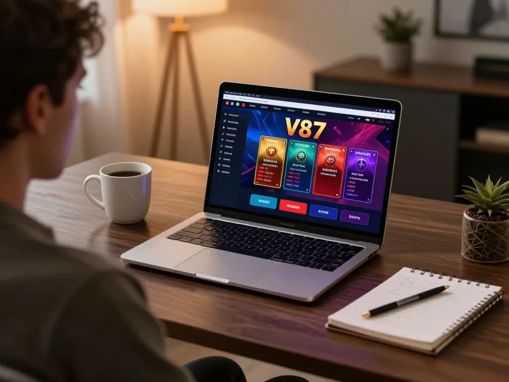 Pemain berinteraksi dengan kasino online V87 di laptop saat malam yang nyaman di rumah