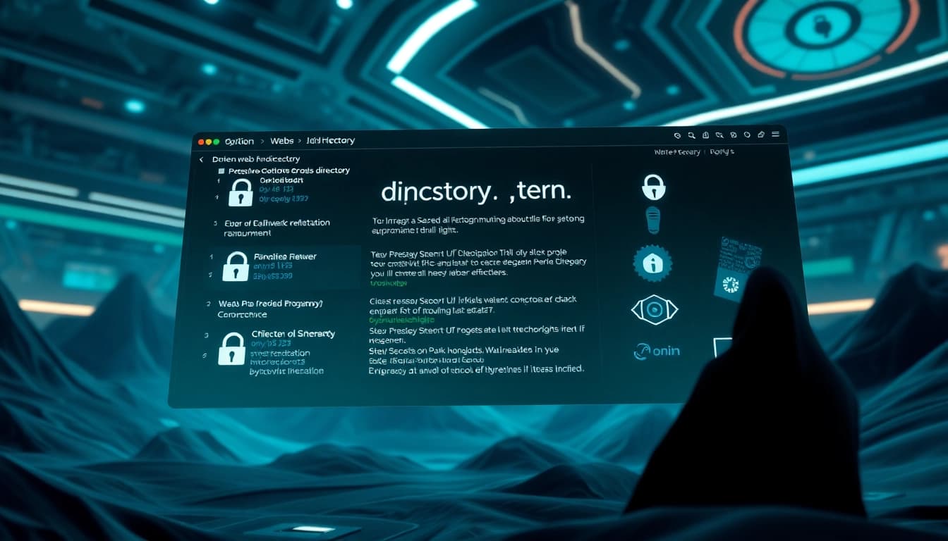 The hidden wiki interface with .onion links, showcasing dark web security symbols and digital privacy tools.