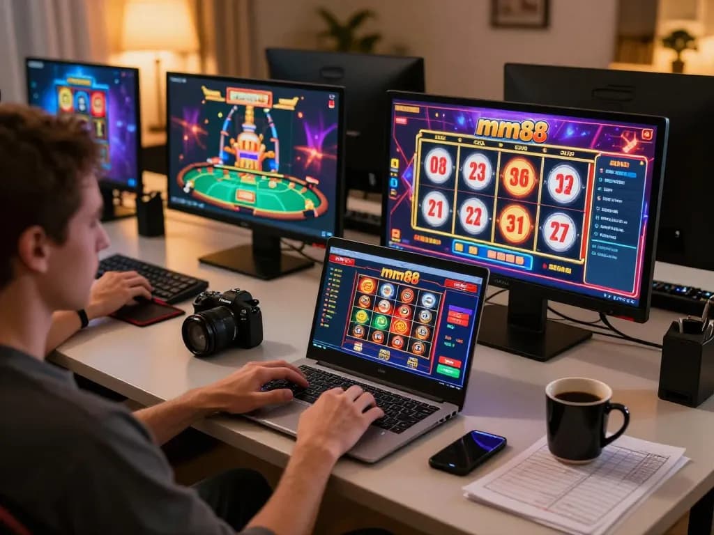 Engaging player immersing in mm88 casino's online gaming experience from their cozy home setup.