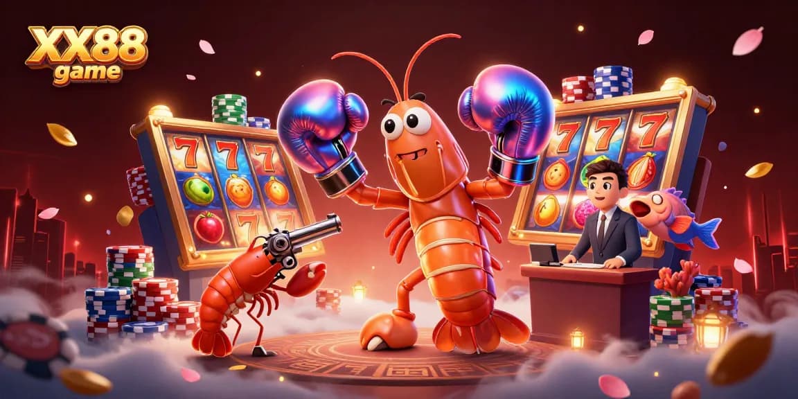 Engage with the vibrant XX88 game as colorful slot reels and chips surround animated characters.