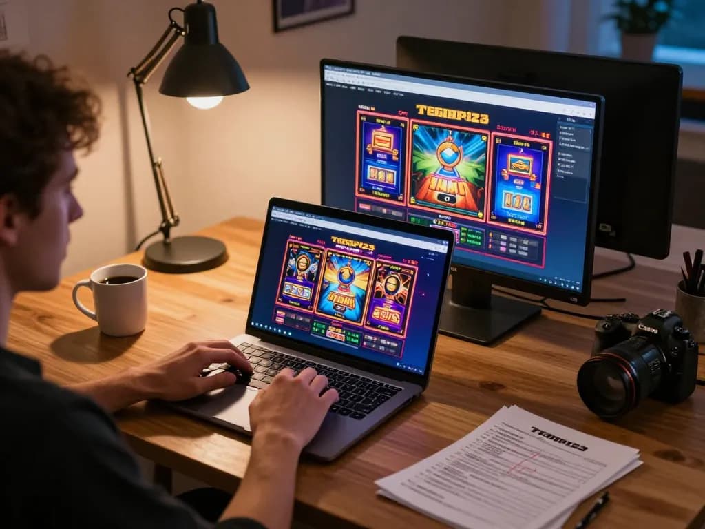Engaging with Tempo123 link on laptop while gaming in a cozy home office setup.