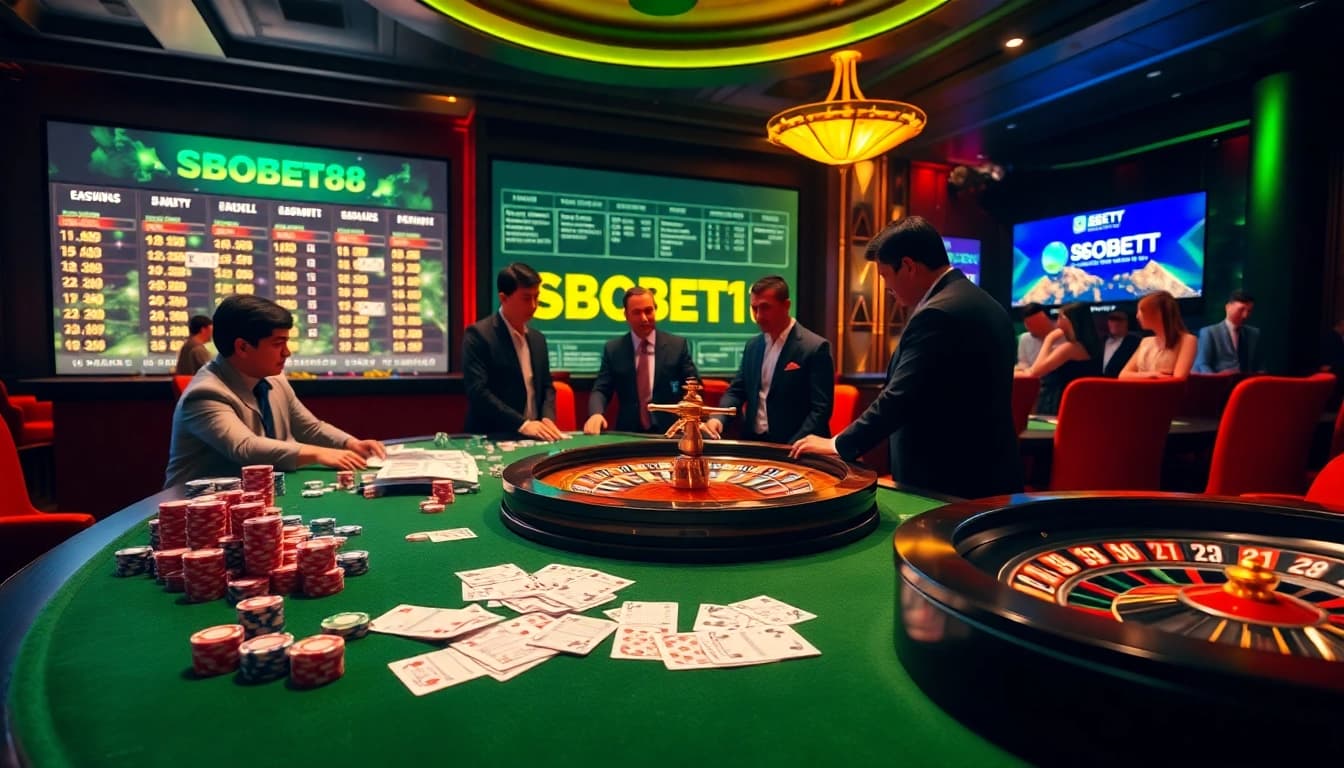 SBOBET88 players enjoy online betting at a vibrant casino table filled with poker chips and cards.