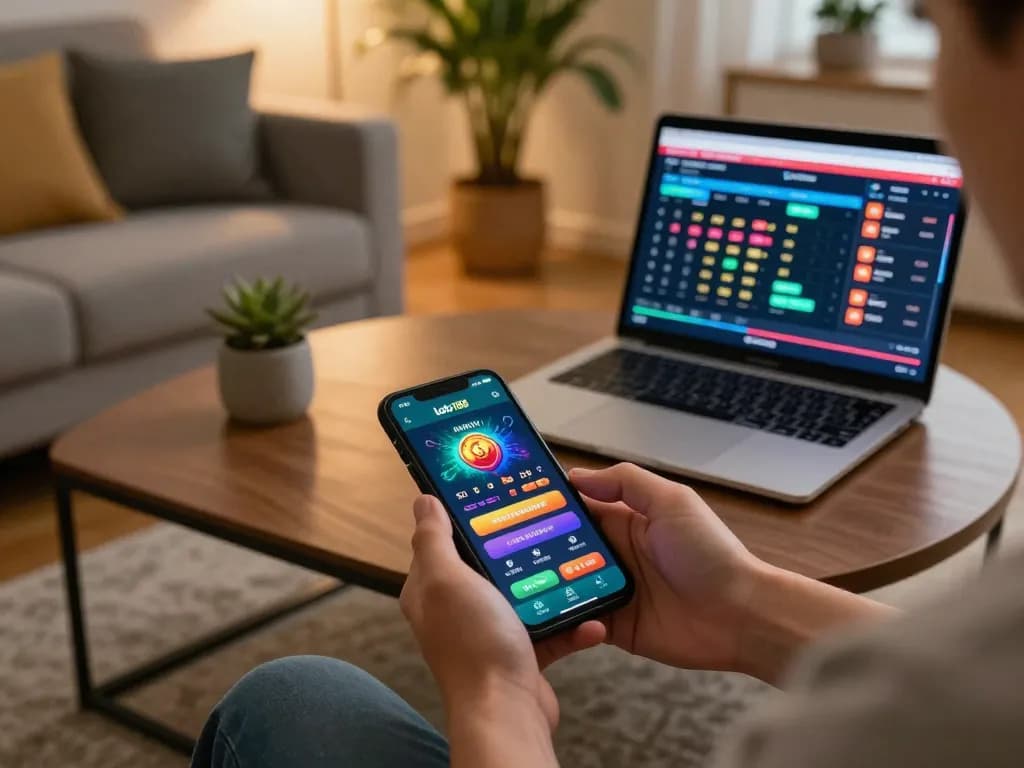 Engaging mobile gambling experience with loto188 app on smartphone in cozy home setting.