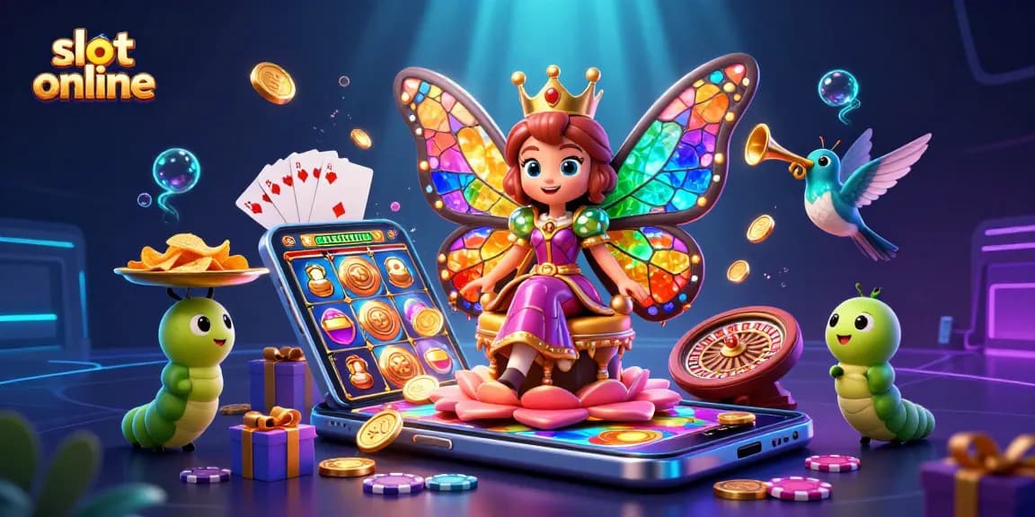 Experience the excitement of slot online with vibrant 3D imagery of a butterfly queen among casino elements.