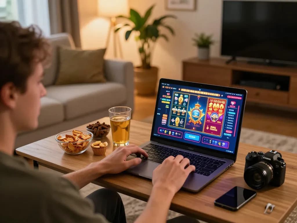 Engaging in online pokies Australia with vibrant game graphics at home gaming setup