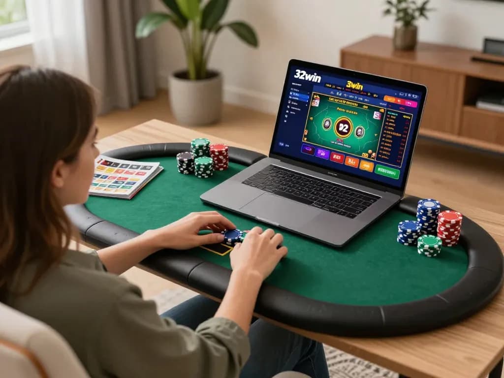 Engaging online gambling experience with 32win showcased through a comfortable home setup.