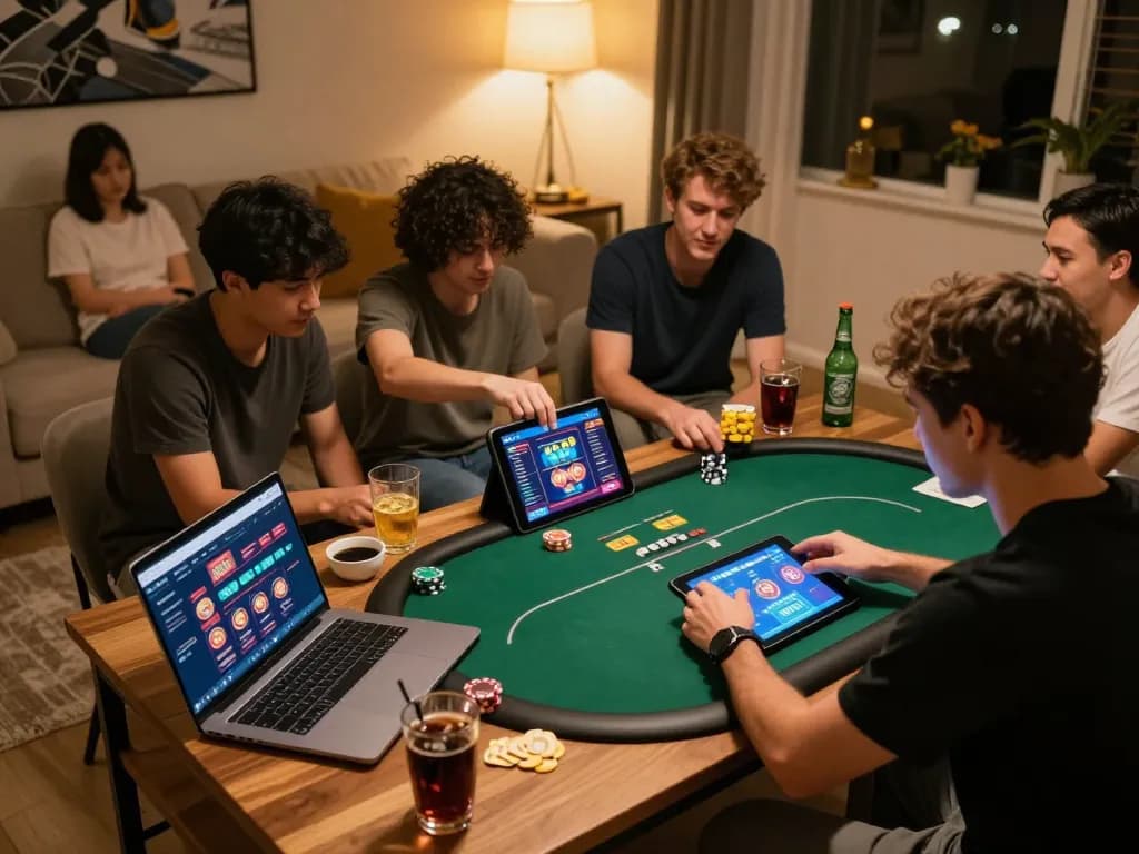 FC88 player engaging intensely in online poker while friends socialize nearby in a cozy setting.