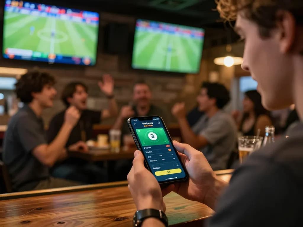 Engaging moment of placing a bet for Parlay Skor88 using a mobile app at a lively sports bar.