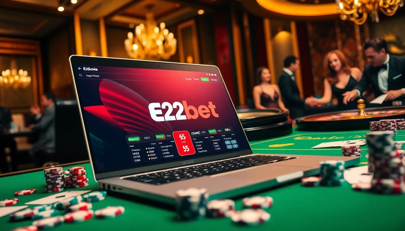 Players engaging in online gambling at E2bet with colorful chips and cards in view.