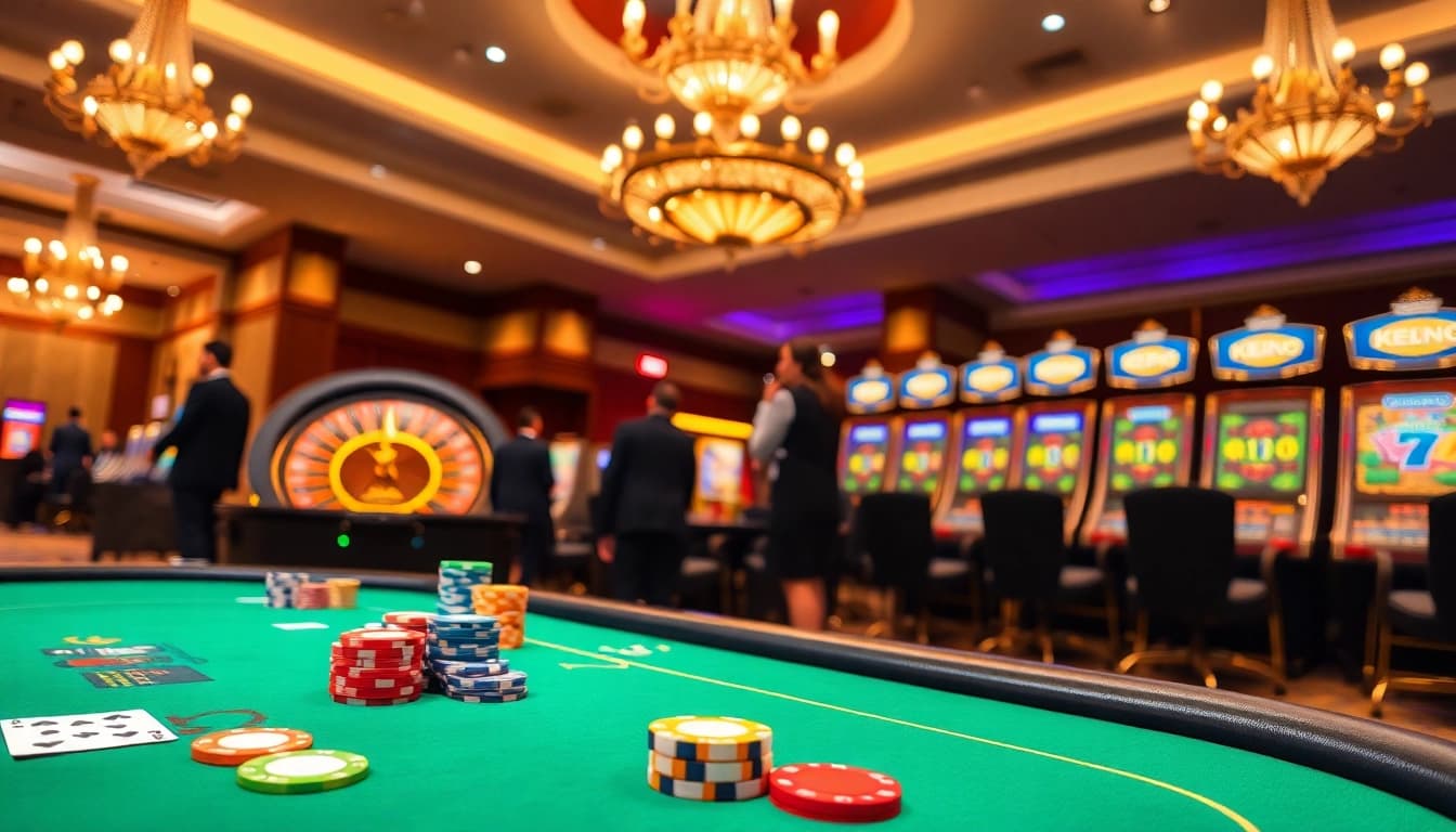 K88 players engaging with vibrant casino games at a luxurious gaming table.