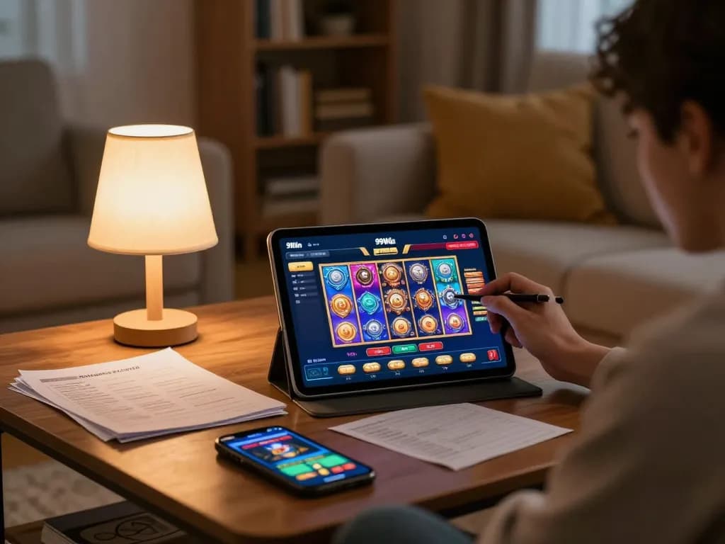 Player engaging with 99Win's online casino interface while comfortably seated at home