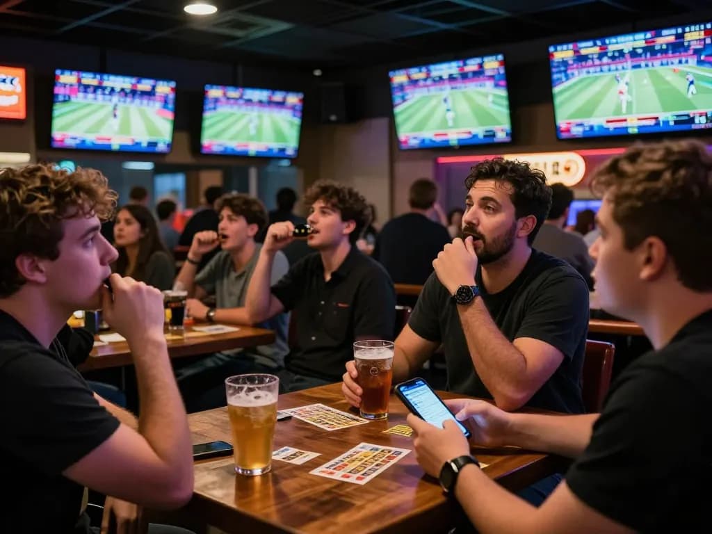 Excited customers placing bets while enjoying live sports at a vibrant bar using xo88 app.