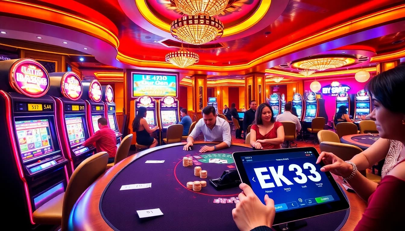 Experience the thrill of EK333 gaming at a luxurious casino with vibrant tables and exciting players.