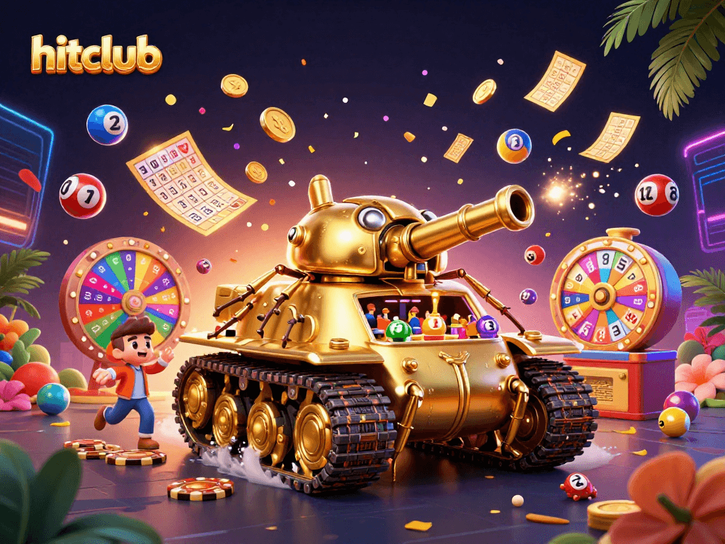 Hitclub showcases a vibrant casino scene inside a golden beetle tank with lottery balls and confetti.