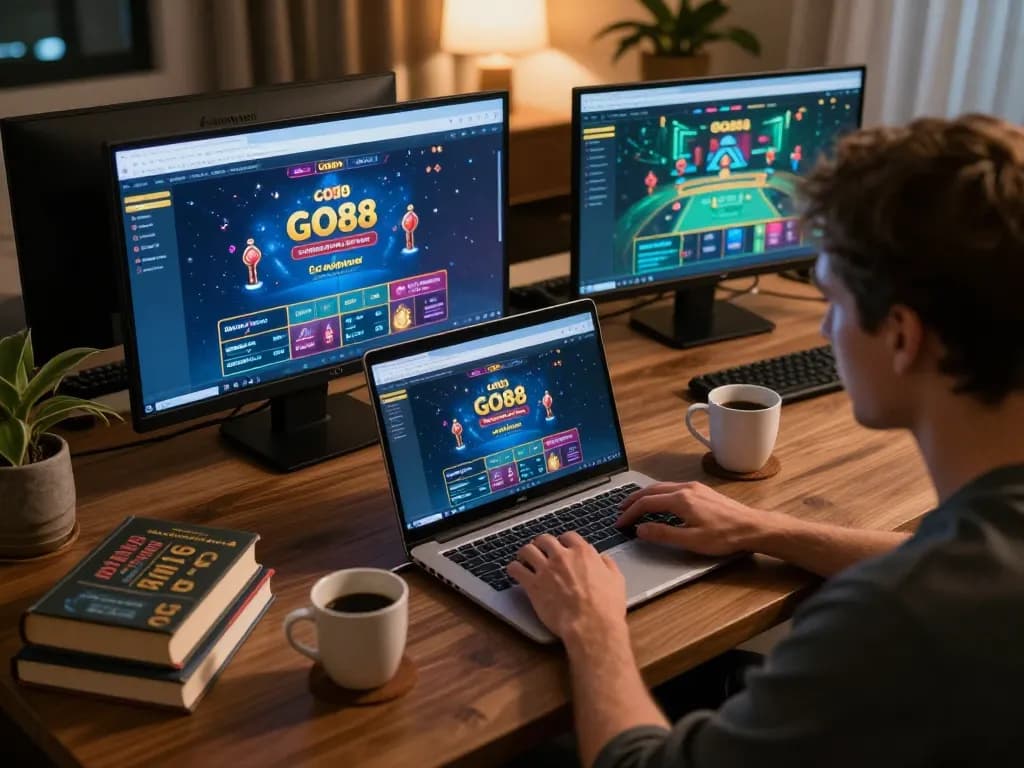 Player enjoying GO88 online gaming on a laptop in a cozy home environment