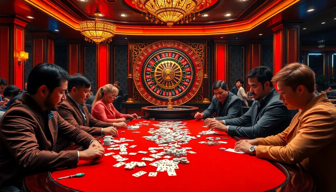 Experience the thrilling gameplay of Dominoqiu among excited players in a luxurious casino setting.