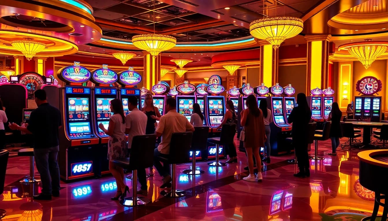 Pemain merayakan kemenangan mereka di mesin slot777 dalam suasana kasino yang penuh warna.