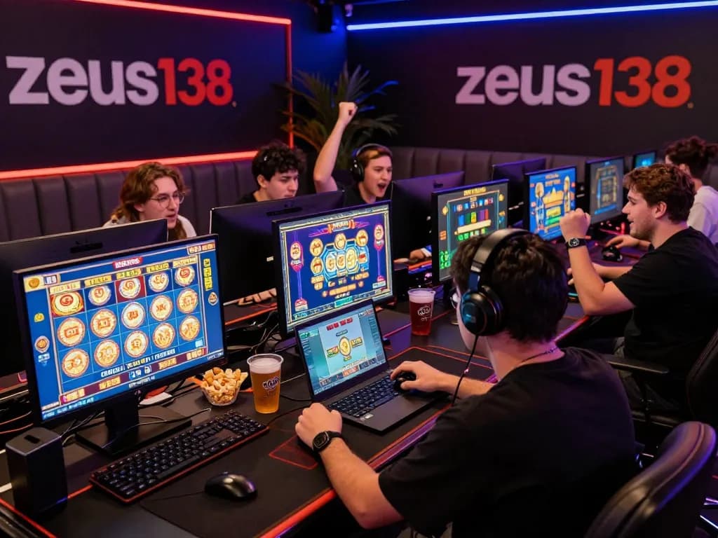 zeus138 online gaming scene with players celebrating wins in a vibrant, cozy atmosphere
