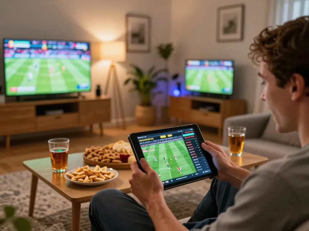 Engaging users with kèo nhà cái via live betting on a tablet in a cozy home setting