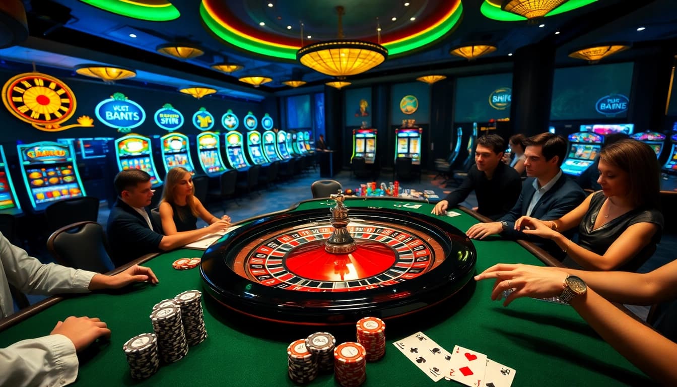 Experience the thrill of bem88 with players at a luxurious casino roulette table.