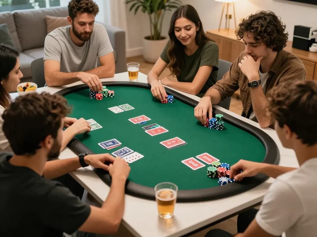 Friends placing bets in a casual poker game at home with exciting tension, featuring uu88 gameplay.