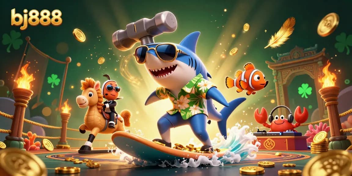 Engage in thrilling gaming action at bj888 with a vibrant 3D illustration featuring a hammer-head shark surfing on gold coins.