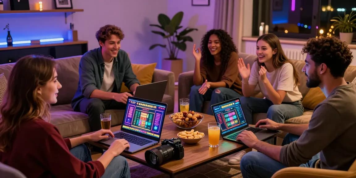 Friends exploring new online casinos UK in a cozy living room with colorful lights.