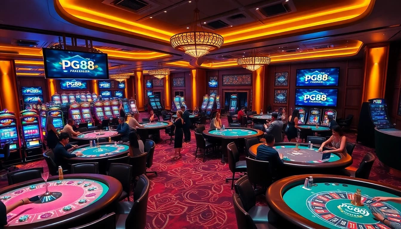 Experience the thrill of pg88 gaming at a luxurious casino with vibrant tables and exciting players.