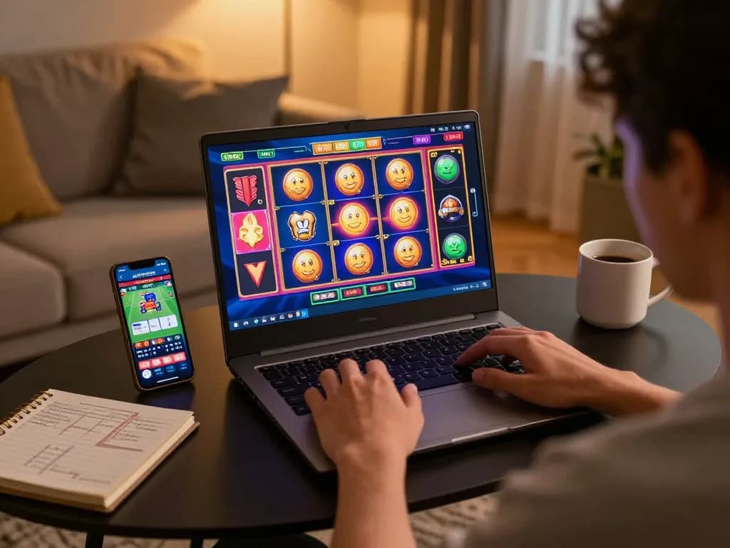 Engage with online casino gaming at https://sc88.games/ showcasing vibrant slot machine interface and a cozy setup.