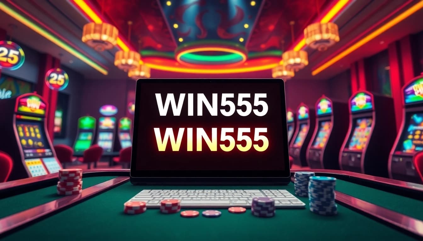 Experience the excitement of online gambling at nhà cái win55 with vibrant casino visuals featuring tables and slots.