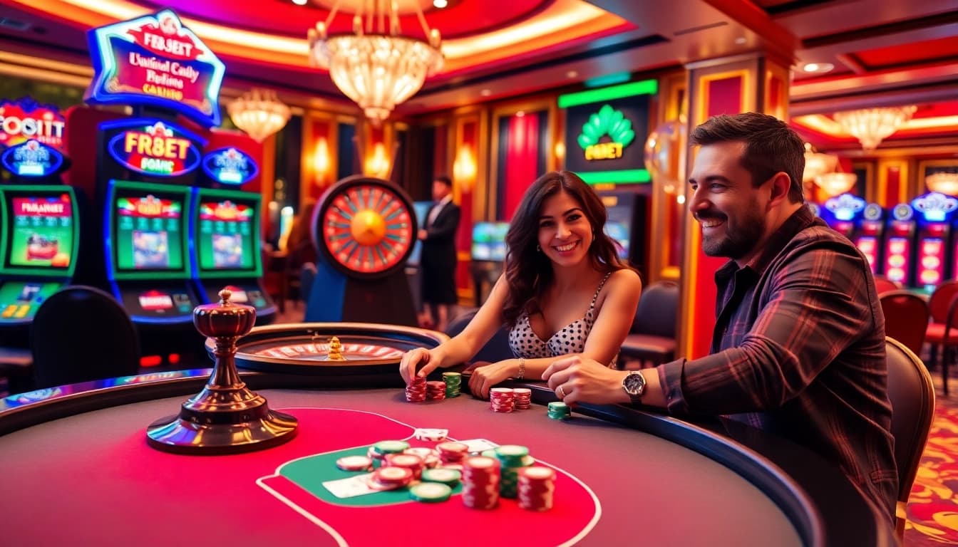 Players enjoying a thrilling game at the F8BET casino table with vibrant poker chips and cards.