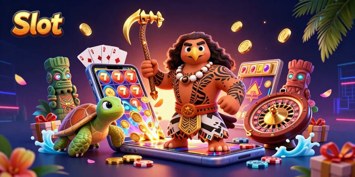 Engage with Slot games in a vibrant 3D scene featuring colorful characters and dynamic gambling elements.