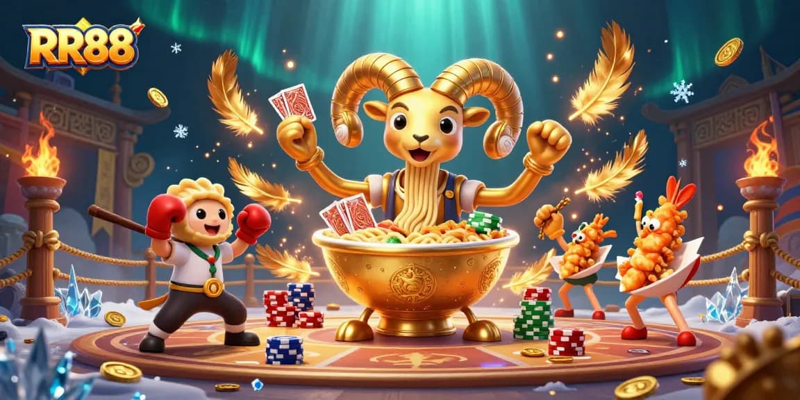 RR88 casino illustration featuring a giant ramen bowl dealer in an energetic gaming atmosphere.