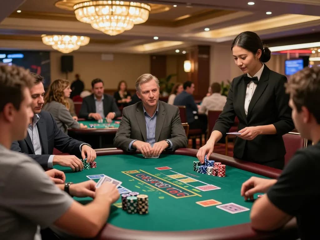 Players engaging with live dealer blackjack at tr88 casino table, thrilling atmosphere and vibrant social interaction.