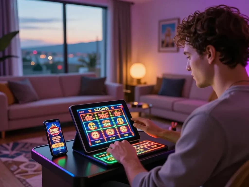 Sultan casino player gaming on tablet in vibrant living room atmosphere, showcasing excitement and entertainment.