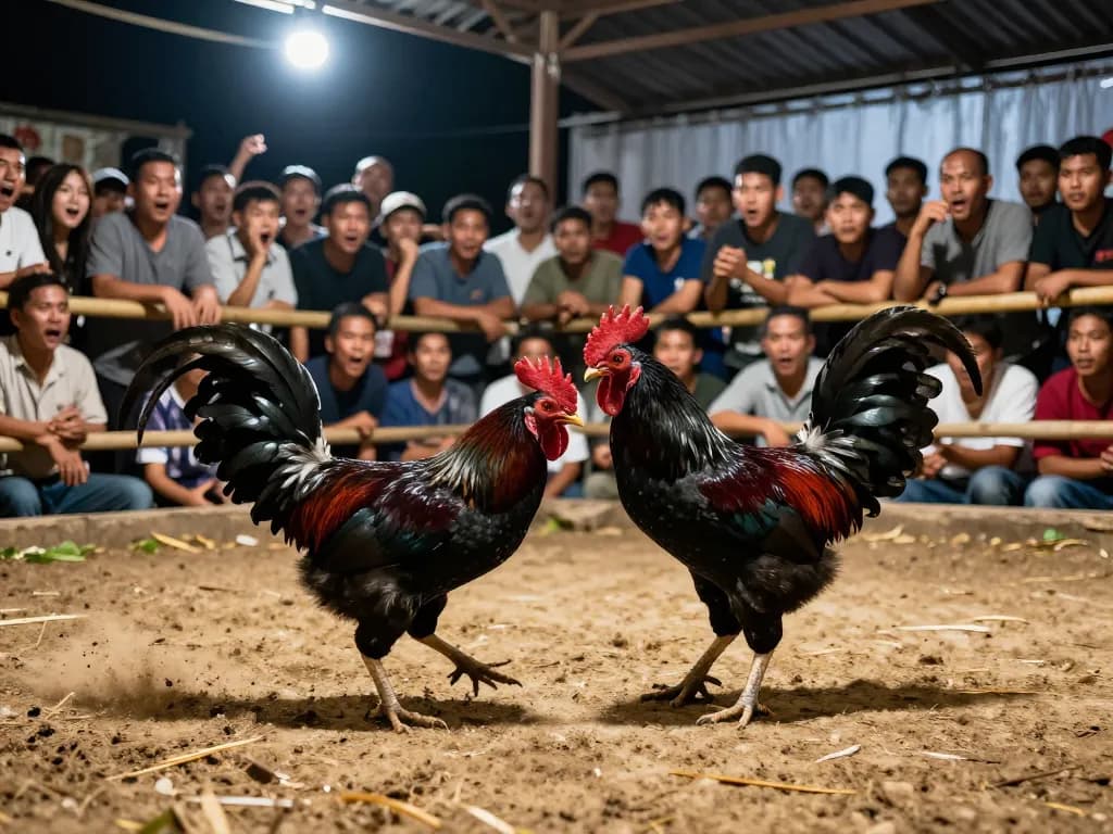 Watch the exciting đá gà trực tiếp thomo as two black roosters engage in thrilling combat, drawing an enthusiastic crowd.
