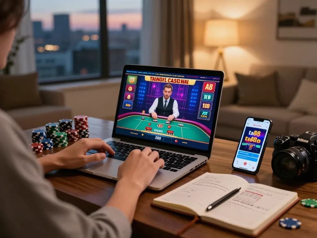 Engaging home scene with a player using ta88's online casino app, surrounded by strategic notes and gaming essentials.