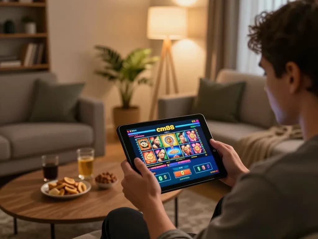 Engaged user navigating the cm88 online casino interface on a tablet in a cozy living room.
