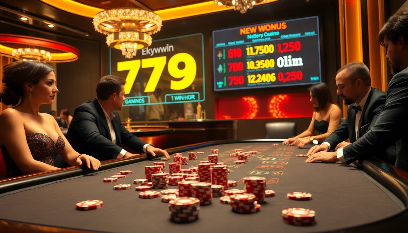 Engaging players at the poker table with vibrant chips and the atmosphere of 79win casino.