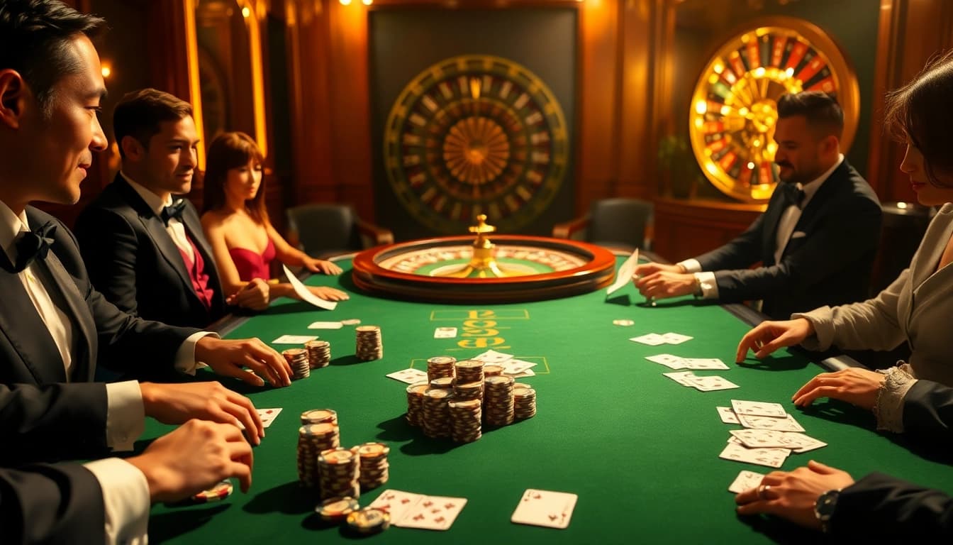 Players engage in excitement at 13Win's luxurious poker table, capturing the thrill of gambling.
