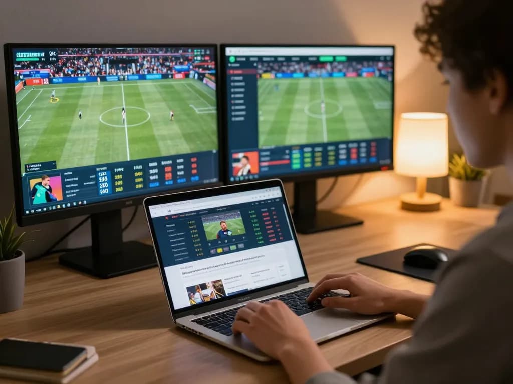Engaging in sports betting on net88 with live odds displayed on a laptop in a stylish home office setting