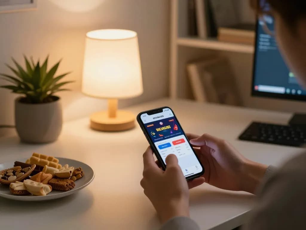 Bermain game mobile di aplikasi kasino WULING388 dalam suasana rumah yang nyaman