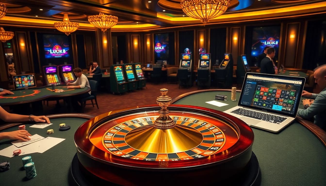 Experience the thrill of LUCK8 Casino with players enjoying games at roulette and poker tables.
