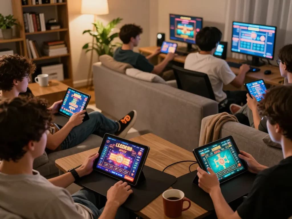 Exciting online gameplay scene on LODE88 platform, showcasing players engaged in casino games with warm home ambiance.