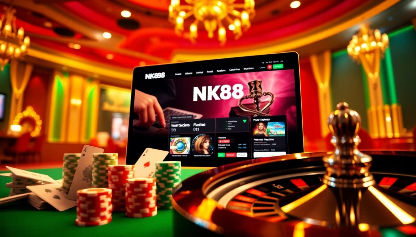 Engaging gamblers at https://nk88.sbs/ with a dynamic casino scene featuring poker chips and a roulette wheel.