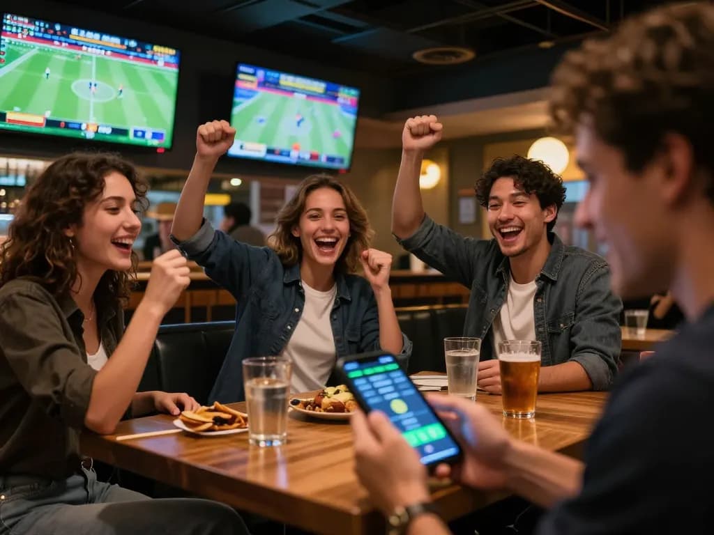 Pengguna SBOBET88 meletakkan taruhan secara langsung di bar olahraga yang ramai, memancarkan semangat dan kebersamaan.