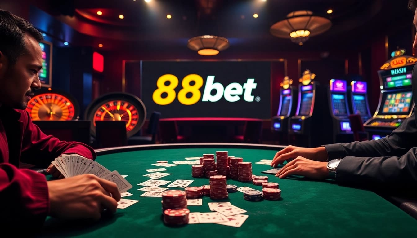High-stakes poker action featuring 88bet chips and cards in an elegantly lit casino.